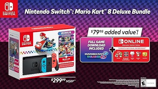 CONSOLA NINTENDO SWITCH BUNDLE MARIO KART DELUXE E NINTENDO INDIVIDUAL ONLINE MEMBERSHIP V2 (32GB) AZUL NÉON/ VERMELHO NÉON - NOVA