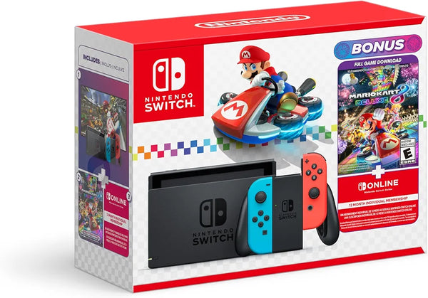 CONSOLA NINTENDO SWITCH BUNDLE MARIO KART DELUXE E NINTENDO INDIVIDUAL ONLINE MEMBERSHIP V2 (32GB) AZUL NÉON/ VERMELHO NÉON - NOVA